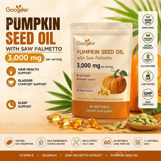 Googeer Pumpkin Seed Oil Softgels with Saw Palmetto 3000mg Hair Health Bladder Comfort Sleep Support Supplement 60 Softgels