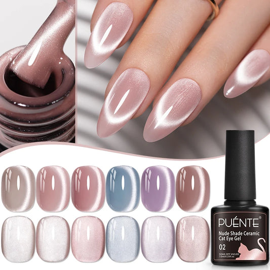 PUENTE 7.5ML Nude Shade Ceramic Cat Eye Gel Nail Polish Shiny Moonlight Cat Eye Gel Soak Off UV Semi-Permanent Nail Art Varnish