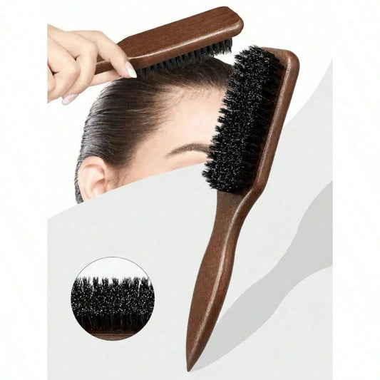 Solid Wood Boar Bristle Hair Brush, Fine Dense Natural Bristle Styling Brush, Smooth Wooden Handle Hair Grooming Comb for Baby Hair Edge Control Beard Styling