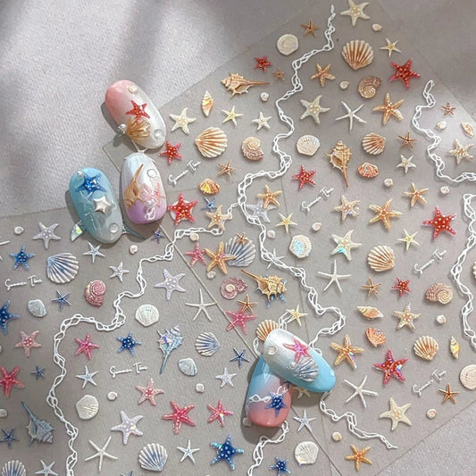 1pc Shell Light Starfish Shell Nail Stickers Cute Starfish Decorative Stickers For Nails DIY 3D Self Adhesive Summer Nail Decals