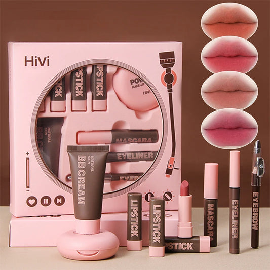 Women's Christmas makeup set, 9 lipsticks & powder press &BB cream & eyebrow pencil & mascara & eyeliner set,for women and girls