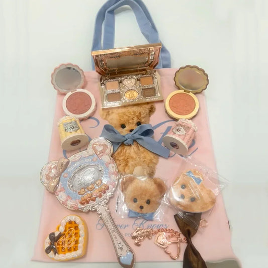 Flower Knows Makeup Kit Sweetie Bear Concealer Palette Silk Satin Blusher Lip Jelly Mirror Hair Clip Makeup Bag Mini Powder Set