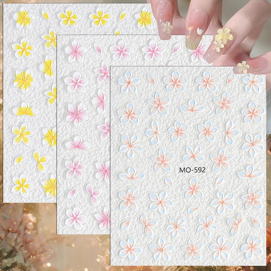 3/6/12 Sheets 5D Plumeria Flower Nail Stickers Yellow Pink Blue Floral Self Adhesive Spring Summer Nail Decals