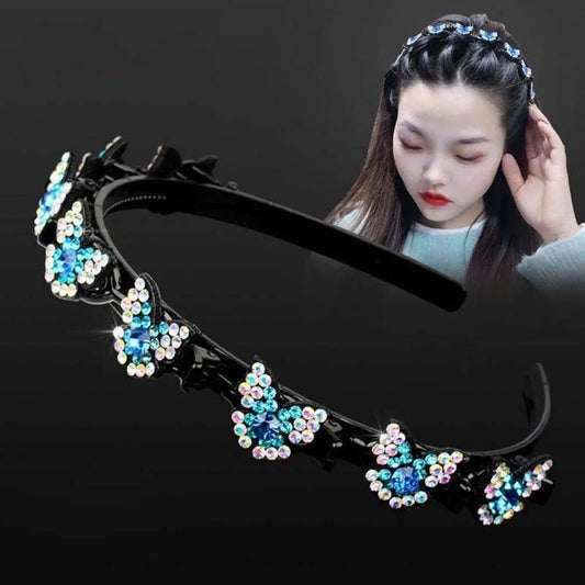 Elegant Hair Bands with Clips Shiny Sweet Rhinestone Bangs Clip Headband Hair Weaving Tool Headwear Women Butterfly Hair Hoop
