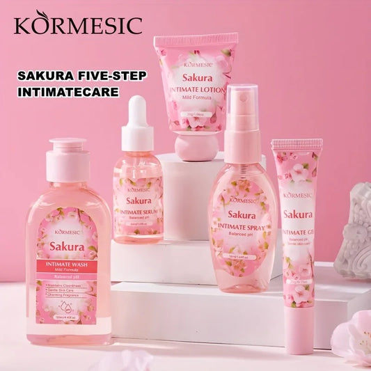 Sakura Women's Intimate Care 5-Piece Set, Product Includes: Private Area Cleansing Liquid, Essence, Gel, Lotion, Spray, Gentle Cleansing, Balances the Environment, Long-Lasting Freshness, and a More Firm and Smooth Light Beig
