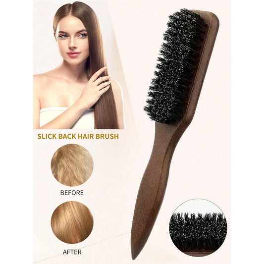 Solid Wood Boar Bristle Hair Brush, Fine Dense Natural Bristle Styling Brush, Smooth Wooden Handle Hair Grooming Comb for Baby Hair Edge Control Beard Styling