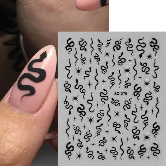 3pcs 3D Black Snake Nail Art Stickers Punk Golden Silvery Animal Print Starlight Decals Gothic Dark Snake Year Manicure Tools