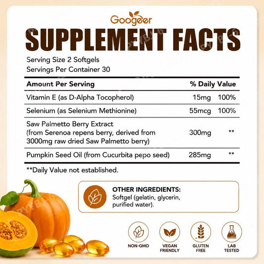Googeer Pumpkin Seed Oil Softgels with Saw Palmetto 3000mg Hair Health Bladder Comfort Sleep Support Supplement 60 Softgels