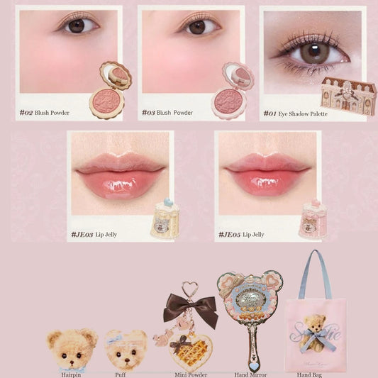 Flower Knows Makeup Kit Sweetie Bear Concealer Palette Silk Satin Blusher Lip Jelly Mirror Hair Clip Makeup Bag Mini Powder Set