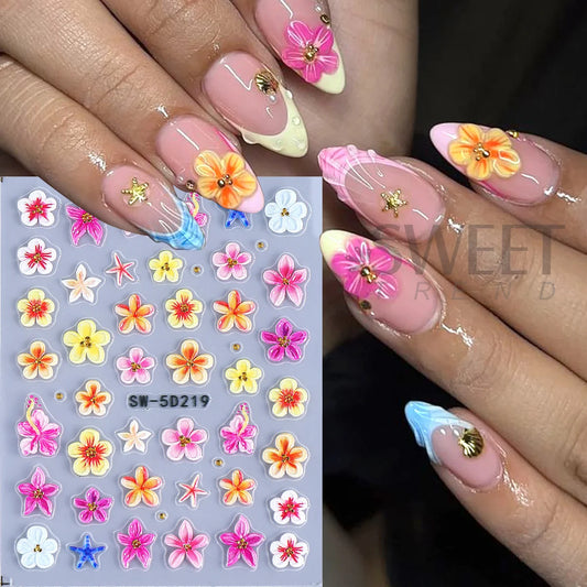 5D Summer Flowers Nail Embossed Stickers Pink Frangipani Hibiscus Five Petal Floral Starfish Decal DIY Tropical Manicure Sliders