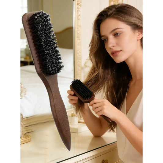 Solid Wood Boar Bristle Hair Brush, Fine Dense Natural Bristle Styling Brush, Smooth Wooden Handle Hair Grooming Comb for Baby Hair Edge Control Beard Styling