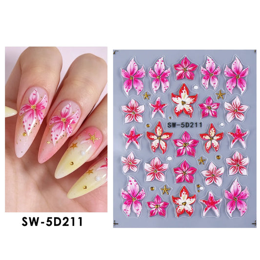5D Summer Flowers Nail Embossed Stickers Pink Frangipani Hibiscus Five Petal Floral Starfish Decal DIY Tropical Manicure Sliders