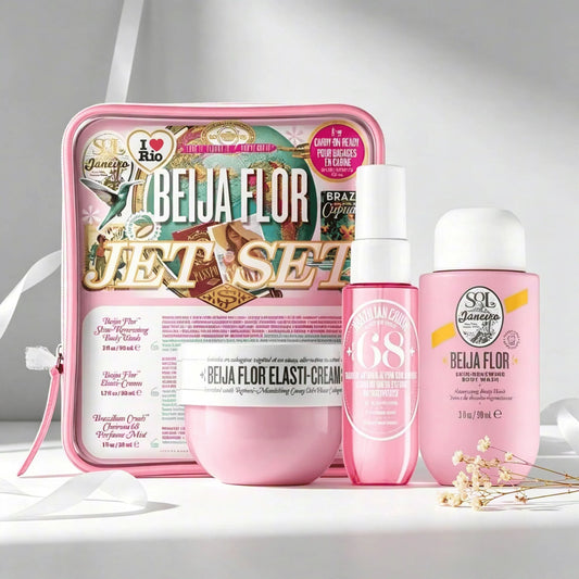 Sol de Janeiro Beija Flor Jet Set Travel Perfume Gift Set For Women Cheirosa 68 Sweet Jasmine Vanilla Warm Gourmand Scent Portable Mini Body Mist Firming Cream Body Lotion Complete Pink Storage Bag Perfect Valentine Holiday P