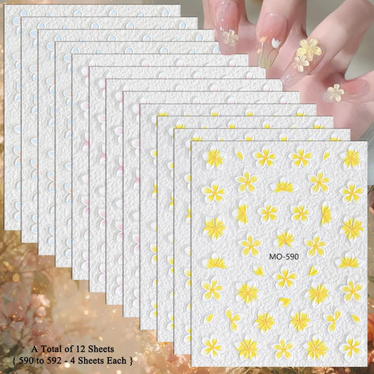 3/6/12 Sheets 5D Plumeria Flower Nail Stickers Yellow Pink Blue Floral Self Adhesive Spring Summer Nail Decals