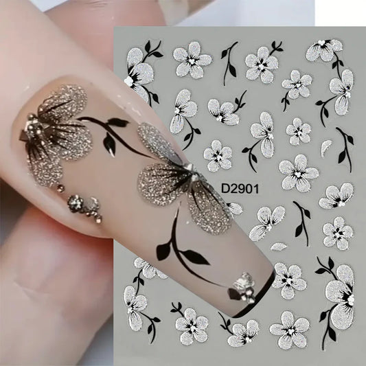 1Pcs 5D Glitter Silver Black Flowers&Belt Nail Art Stickers Spring Summer Floral Adhesive Transfer Decals DIY Manicure Sliders
