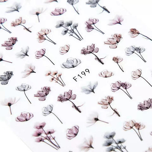 3d Nail Art Decals Grey Dry Florals Watercolor Nuance Flowers Adhesive Sliders Nails Stickers Decorations For Manicures Tips