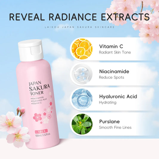 LAIKOU Japan Sakura Toner with Niacinamide Hyaluronic Acid Vitamin C 100ml - Moisturizing Refreshing Gentle