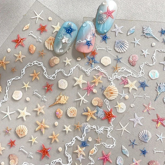 1pc Shell Light Starfish Shell Nail Stickers Cute Starfish Decorative Stickers For Nails DIY 3D Self Adhesive Summer Nail Decals
