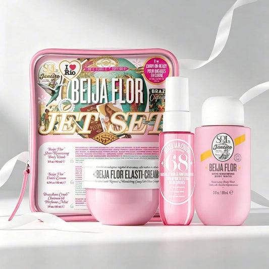 Sol de Janeiro Beija Flor Jet Set Travel Perfume Gift Set For Women Cheirosa 68 Sweet Jasmine Vanilla Warm Gourmand Scent Portable Mini Body Mist Firming Cream Body Lotion Complete Pink Storage Bag Perfect Valentine Holiday P
