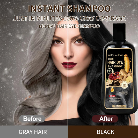 Black Sesame Ginseng Reishi Hair Dye Shampoo. 4-in-1 Natural Herbal Formula. Covers Grays, Moisturizes, Healthy Shine.100ml