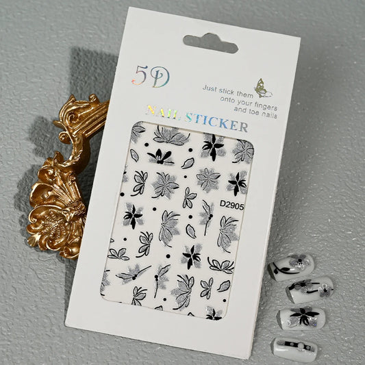 1Pcs 5D Glitter Silver Black Flowers&Belt Nail Art Stickers Spring Summer Floral Adhesive Transfer Decals DIY Manicure Sliders
