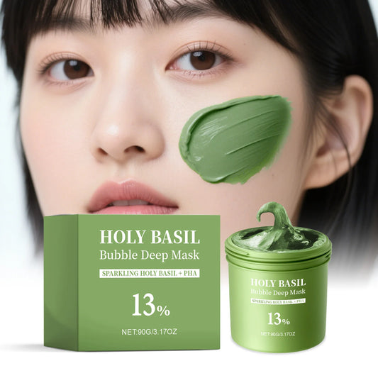 Holy Basil Bubble Deep Face Mask Oil Control Anti-Acne Blackhead Remover with Lactobionic Acid Smooth Skin Clean Facial Mud Mask