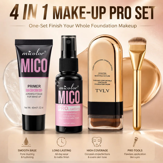 4‑in‑1 Makeup Artist Base Makeup Bundle, Hydrating Primer Gel, HD Setting Spray, Full‑Coverage Foundation Stick with Premium Foundation Brush, Long‑Lasting Matte Finish for Daily Makeup