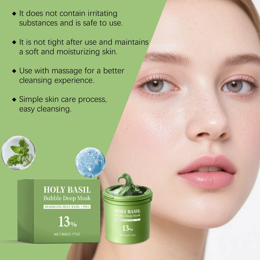 Holy Basil Bubble Deep Face Mask Oil Control Anti-Acne Blackhead Remover with Lactobionic Acid Smooth Skin Clean Facial Mud Mask