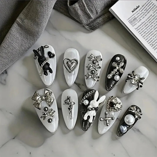 10pcs personalized black and white nail art, rabbit and bow decoration - Gothic minimalist style, suitable for daily wear