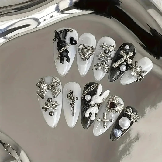 10pcs personalized black and white nail art, rabbit and bow decoration - Gothic minimalist style, suitable for daily wear