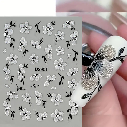 1Pcs 5D Glitter Silver Black Flowers&Belt Nail Art Stickers Spring Summer Floral Adhesive Transfer Decals DIY Manicure Sliders