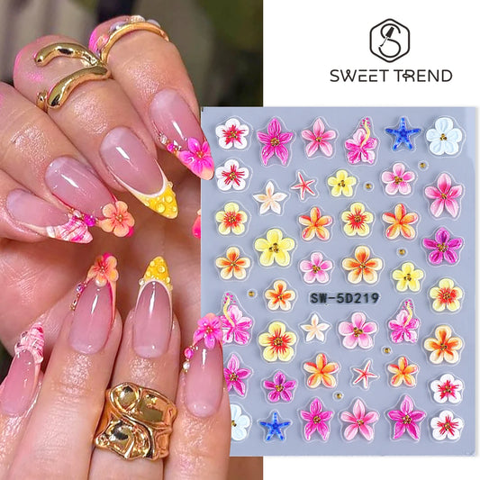 5D Summer Flowers Nail Embossed Stickers Pink Frangipani Hibiscus Five Petal Floral Starfish Decal DIY Tropical Manicure Sliders