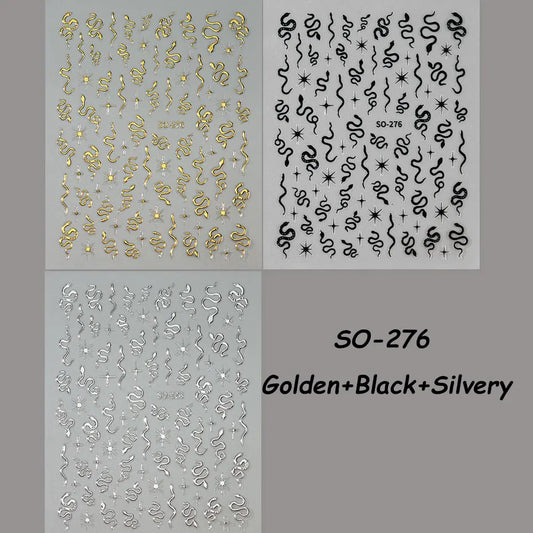 3pcs 3D Black Snake Nail Art Stickers Punk Golden Silvery Animal Print Starlight Decals Gothic Dark Snake Year Manicure Tools