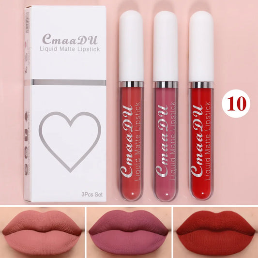 Velvet Matte Liquid Lipstick Set 3 Pieces Waterproof Long Lasting Lip Gloss 24H Wear Makeup Beauty Cosmetics Neutral Shades