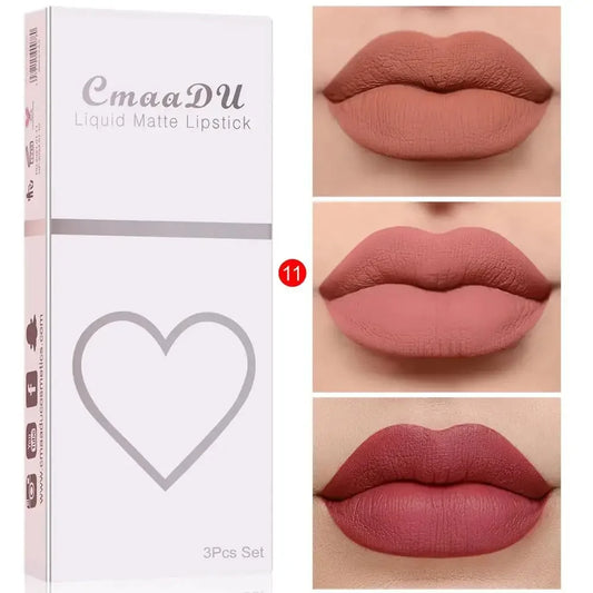 Velvet Matte Liquid Lipstick Set 3 Pieces Waterproof Long Lasting Lip Gloss 24H Wear Makeup Beauty Cosmetics Neutral Shades